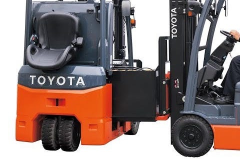 A electronic forklift is installing battery
